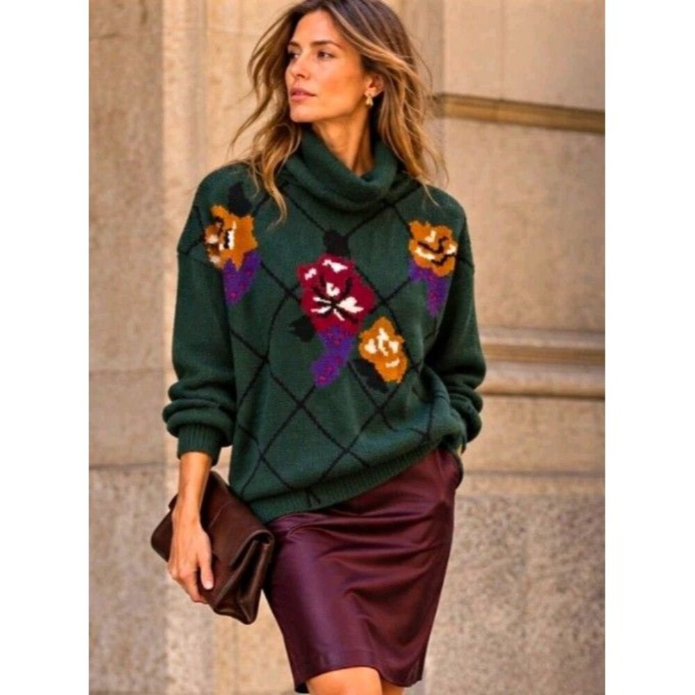 Vintage The Villager Floral Argyle Cowl Neck Ramie Sweater Made Korea S